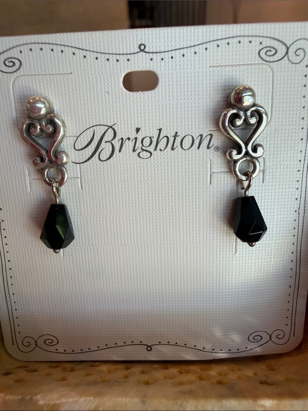 Brighton Silver Scroll Earrings with Black Drops